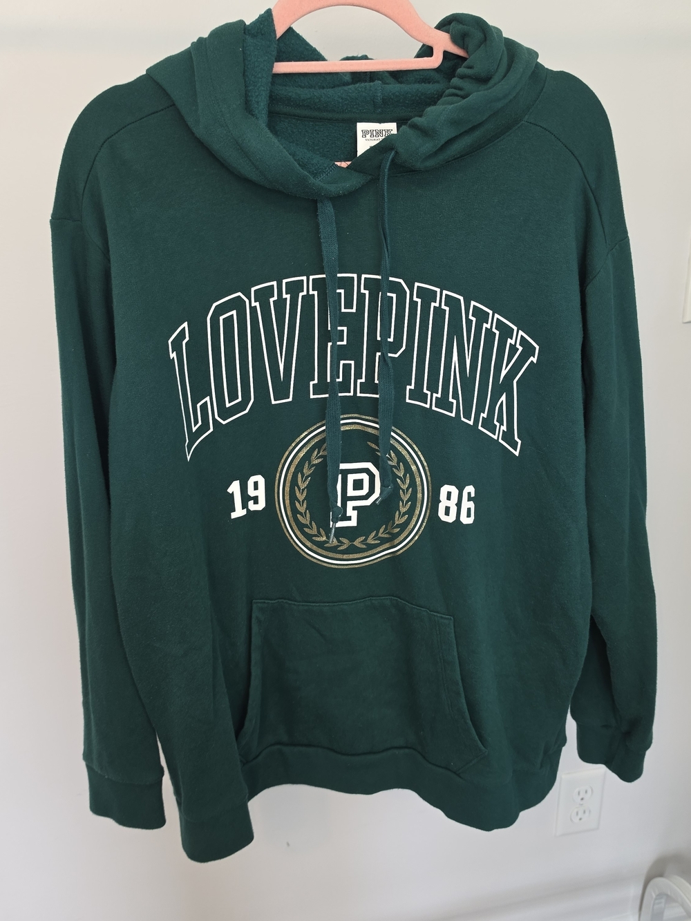 PINK Victoria's Secret Dark Green 'Love Pink' Pullover Hoodie